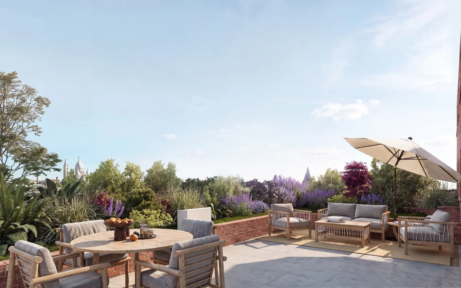 Terrasse végétalisée avec vue sur Paris et salon extérieur