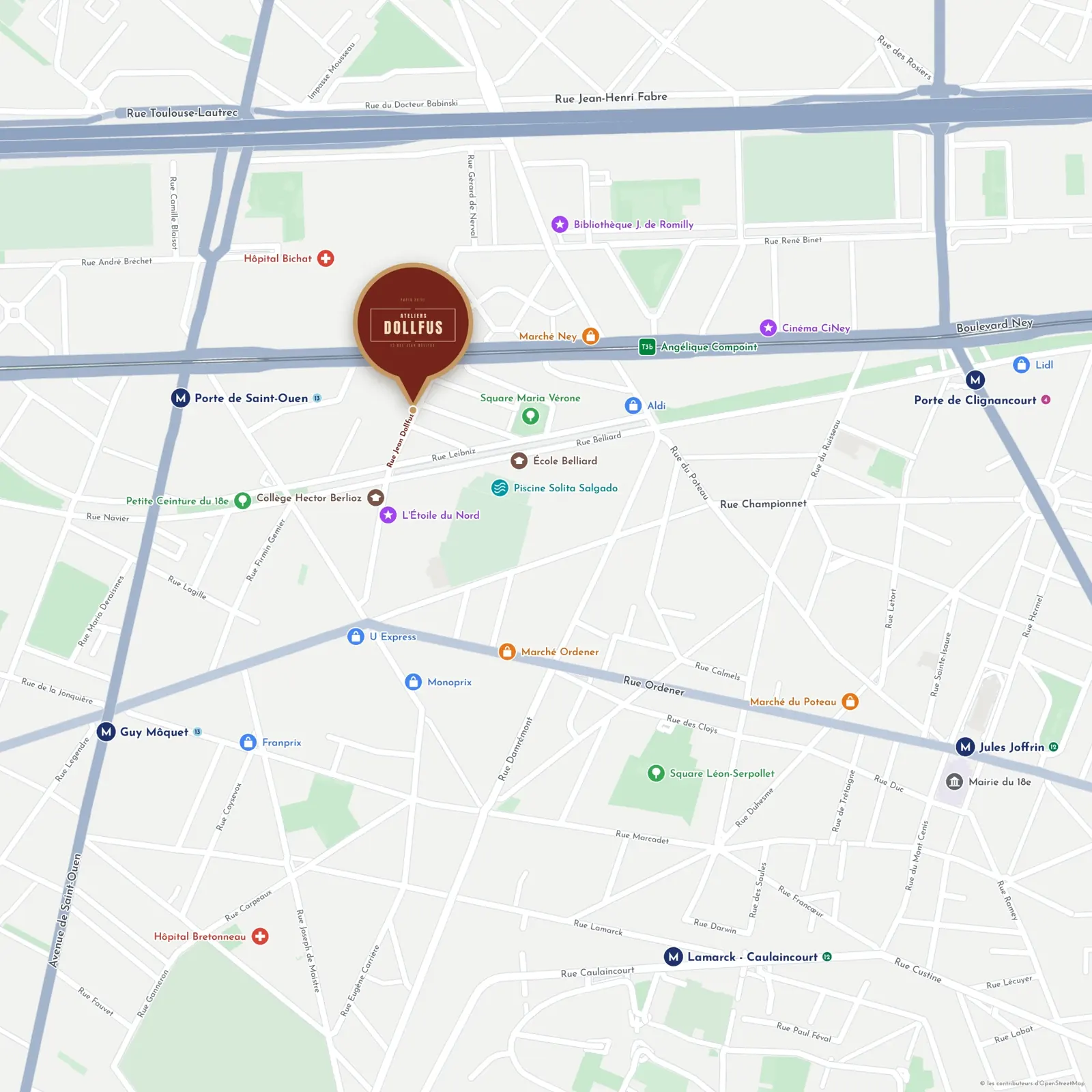 Plan de situation des Ateliers Dollfus à proximité de la Porte de Saint-Ouen